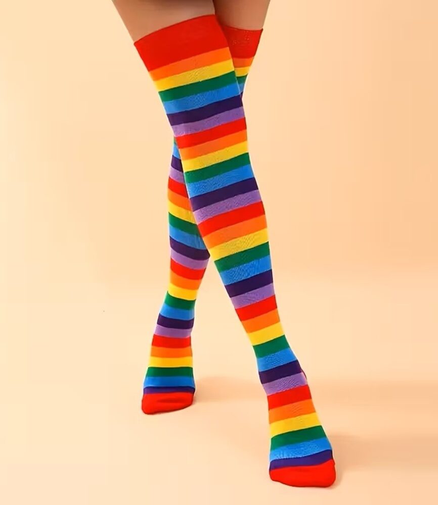 Women's Colorful Rainbow Striped Over-the-Knee Thigh High Socks on Legs