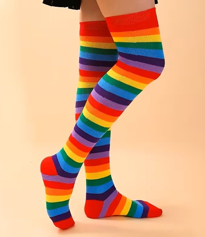 Rainbow Striped Long Socks Styled with Skirt