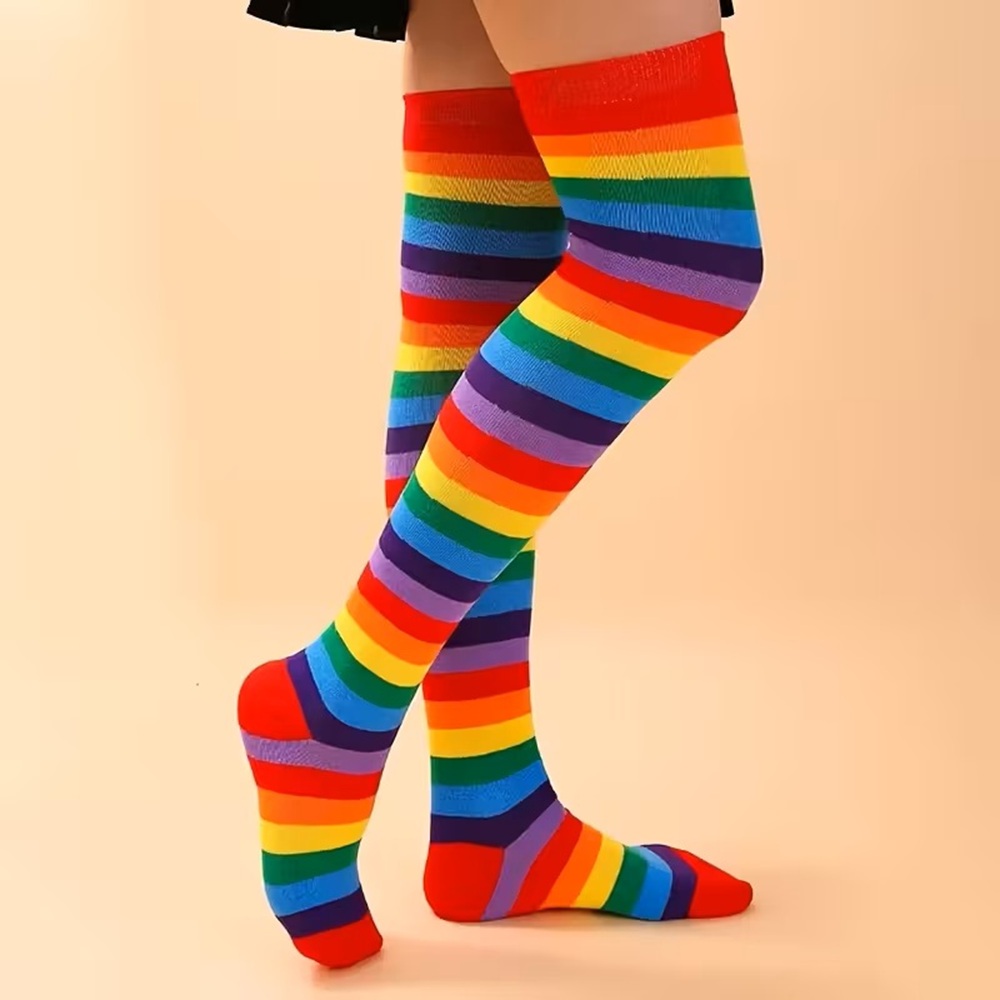 Rainbow Striped Long Socks Styled with Skirt