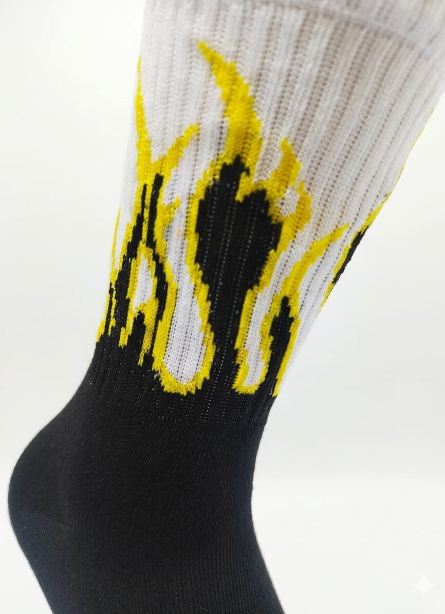 Black Flame Crew Sock with Bright Yellow Tongue Flames