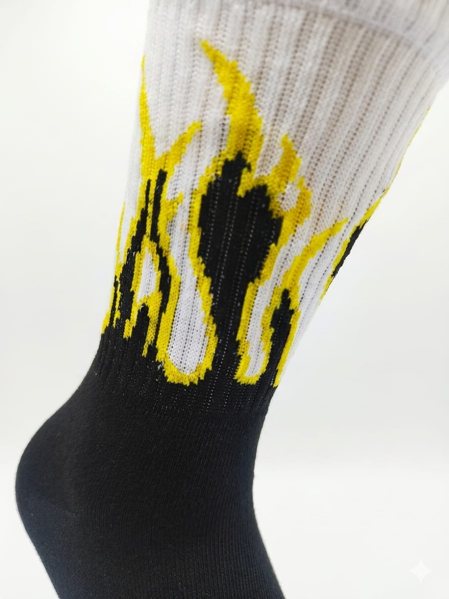 Black Flame Crew Sock with Bright Yellow Tongue Flames