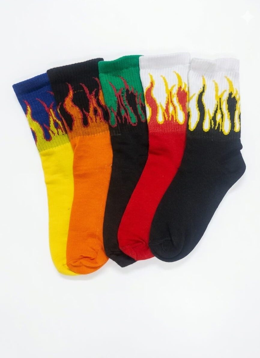 5 Pairs Men's Streetwear Flame Graphic Crew Socks Multi-Color Pack