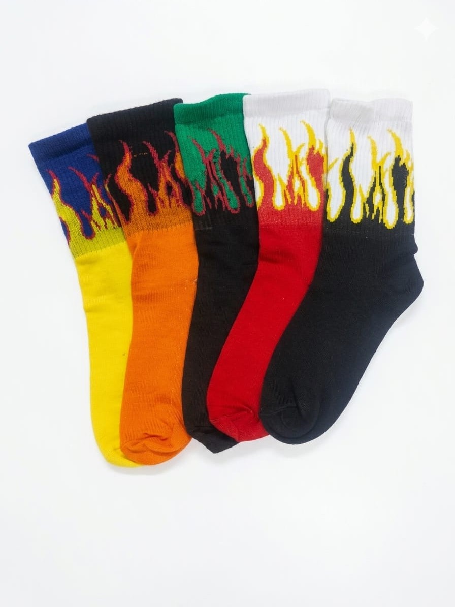 Men’s Streetwear Flame Graphic Mid-Calf Crew Socks (Pack of 5)
