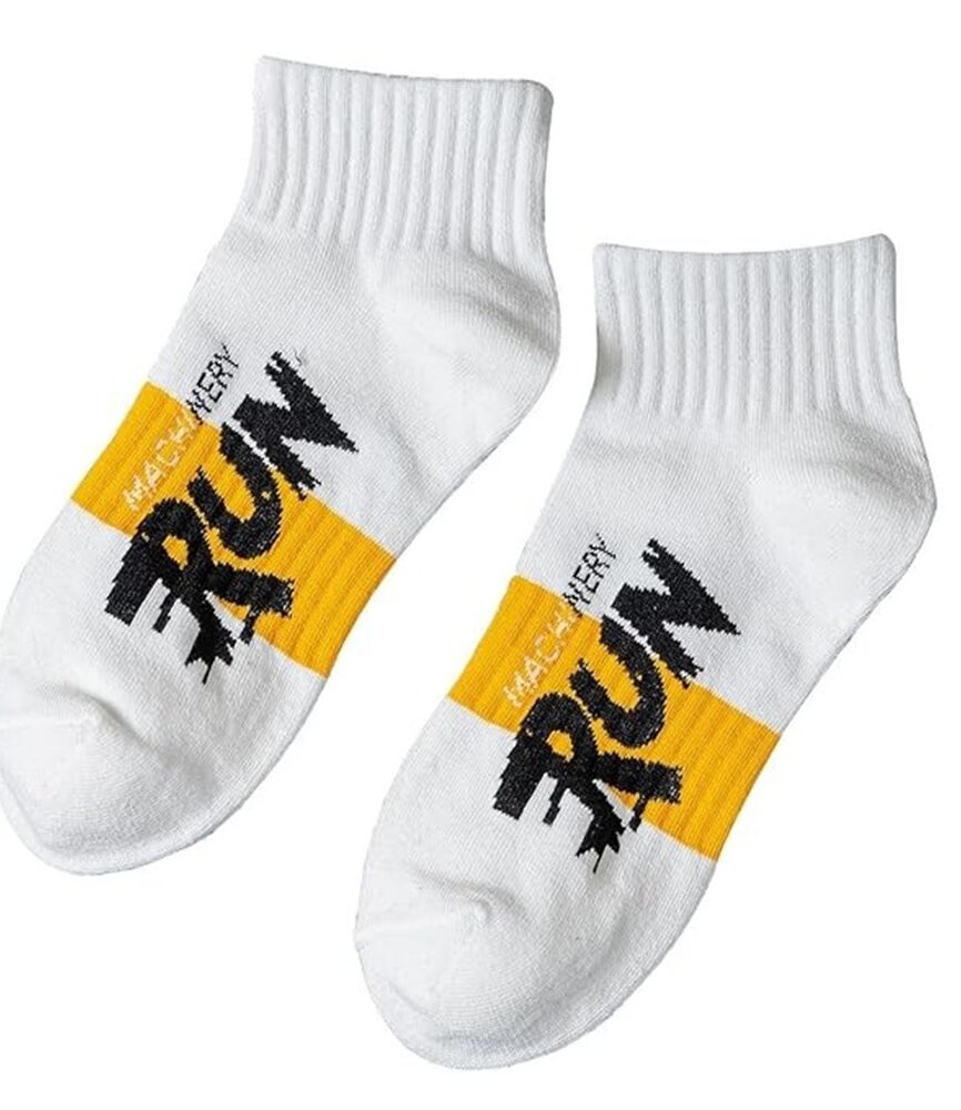 Blue RUN Graphic Ankle Sock on Model with Jeans