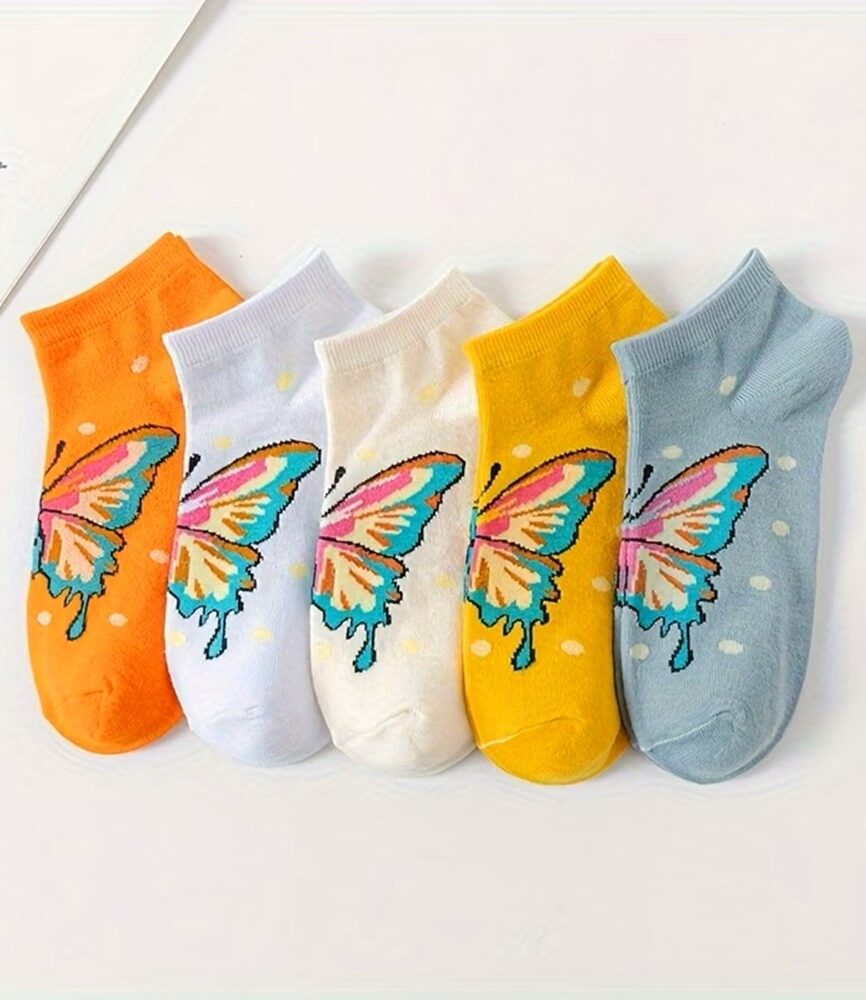 5 Pairs Women's Vibrant Butterfly Graphic Low-Cut Ankle Socks Palette