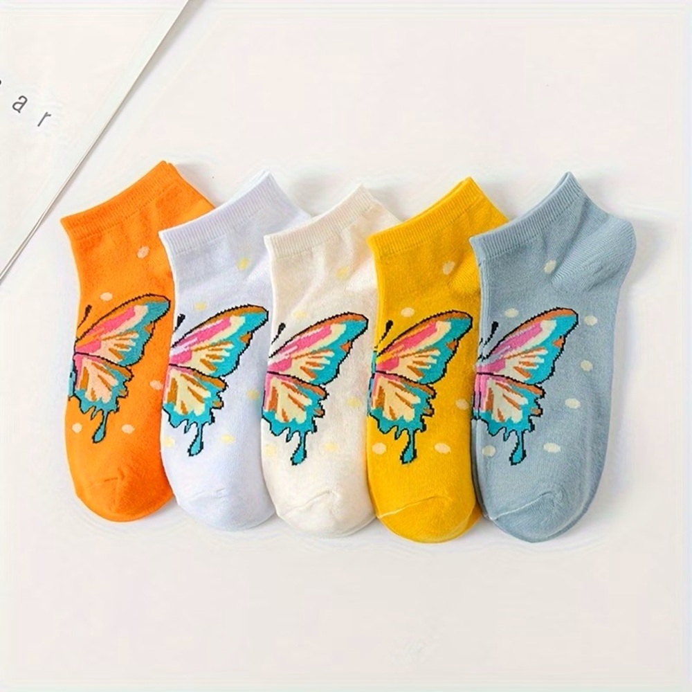 5 Pairs Women's Vibrant Butterfly Graphic Low-Cut Ankle Socks Palette