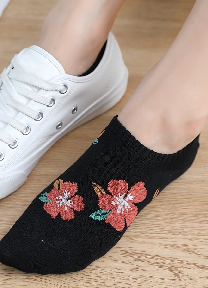 Navy Blue and Grey Floral Pattern Low-Cut Socks