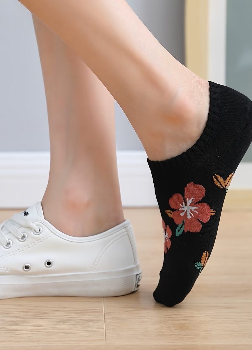 Heather Grey Botanical Blossom Sock on Foot