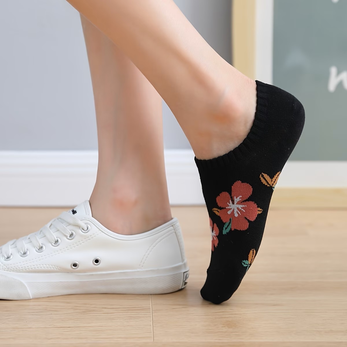 Heather Grey Botanical Blossom Sock on Foot