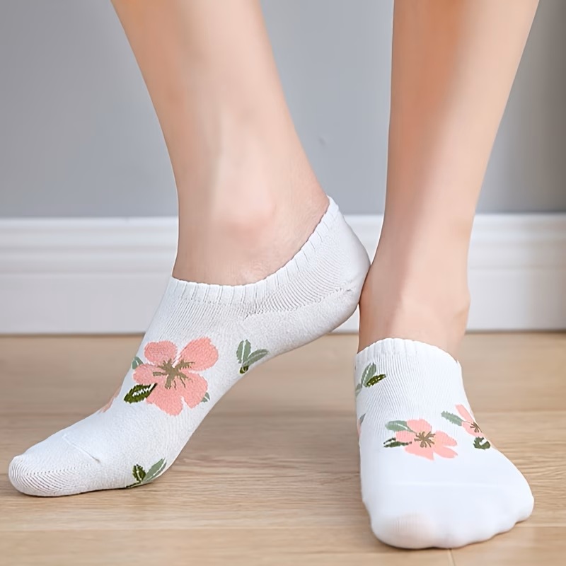 Black Floral Blossom Low-Cut Sock with Peach Flowers
