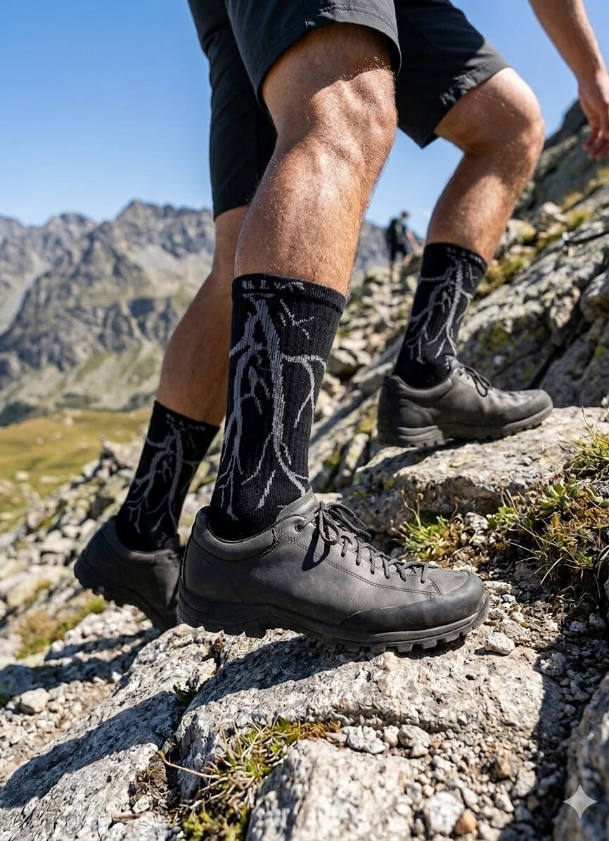 Men's Lightning Crew Socks on Hiker in Mountain Alpine Trail