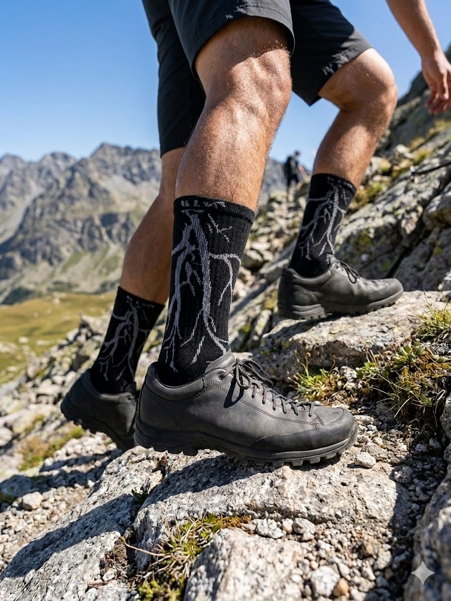 Men's Lightning Crew Socks on Hiker in Mountain Alpine Trail