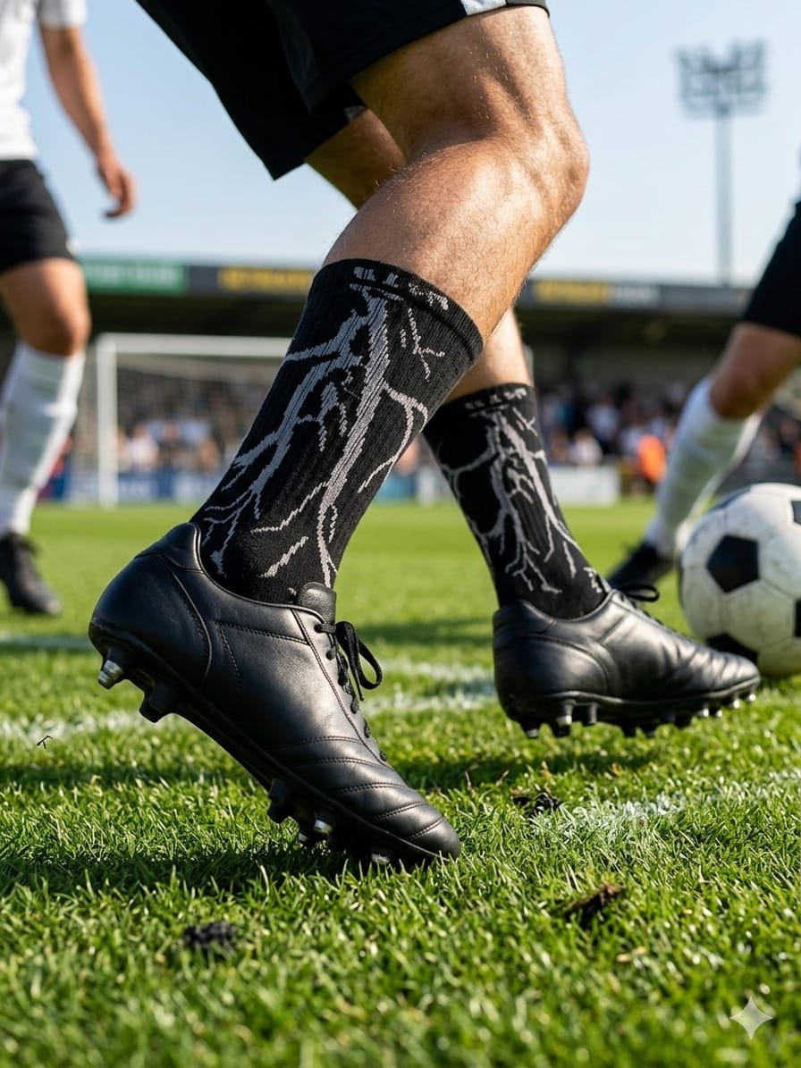 Black Lightning Athletic Crew Socks on Football Pitch