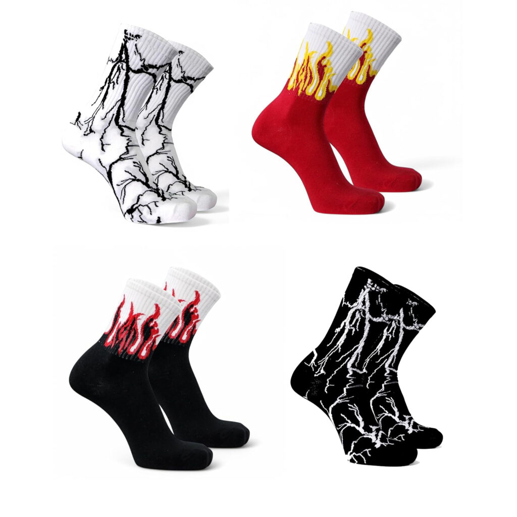 4 Pairs Men's Streetwear Lightning and Flame Graphic Crew Socks Combo