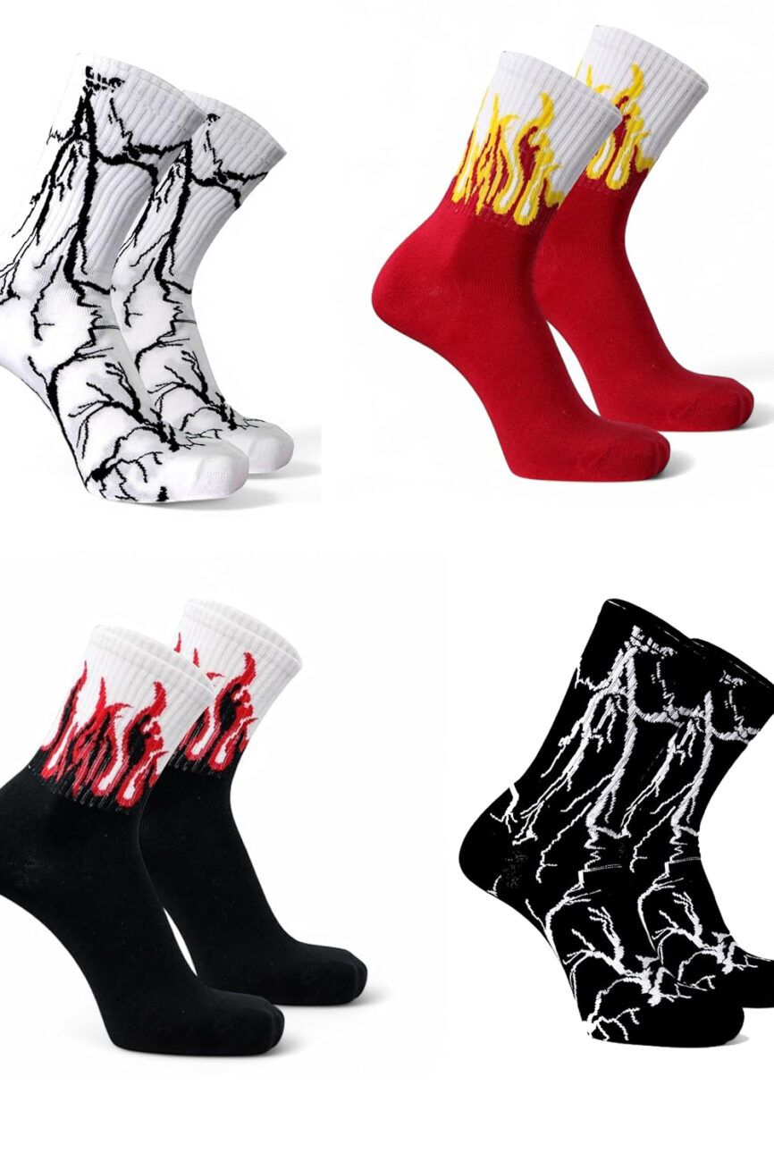 4 Pairs Men's Streetwear Lightning and Flame Graphic Crew Socks Combo