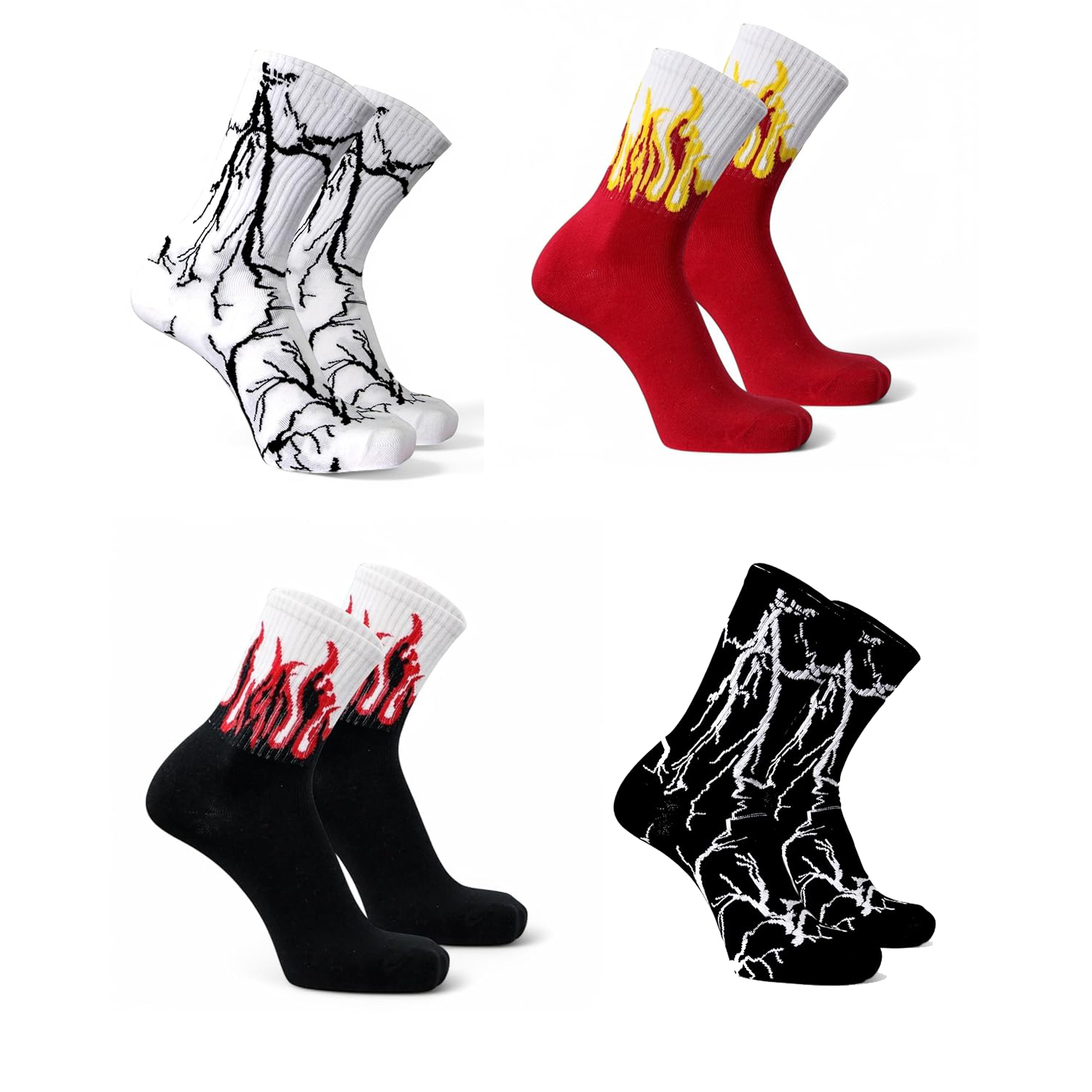 Men’s Streetwear Lightning & Flame Crew Socks (Pack of 4)
