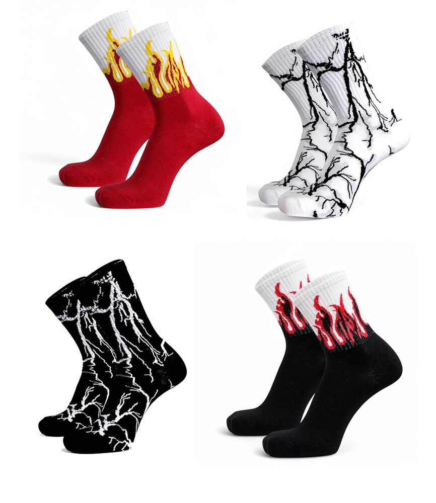 Stacked Lightning and Fire Graphic Crew Socks