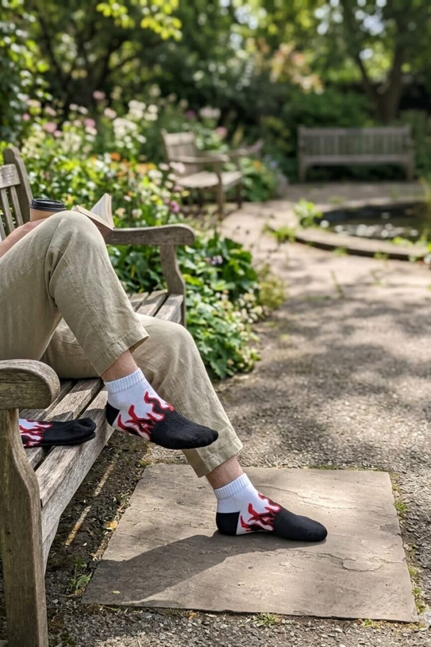 Man Wearing Flame Ankle Socks with Casual Linen Pants in Park