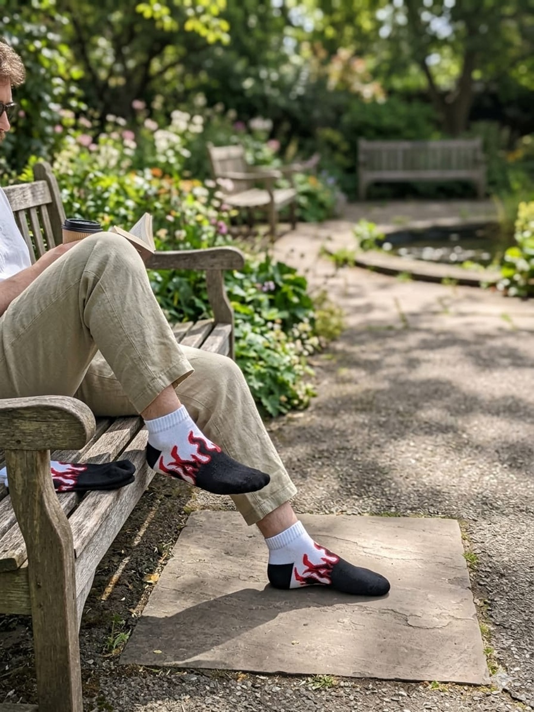 Man Wearing Flame Ankle Socks with Casual Linen Pants in Park