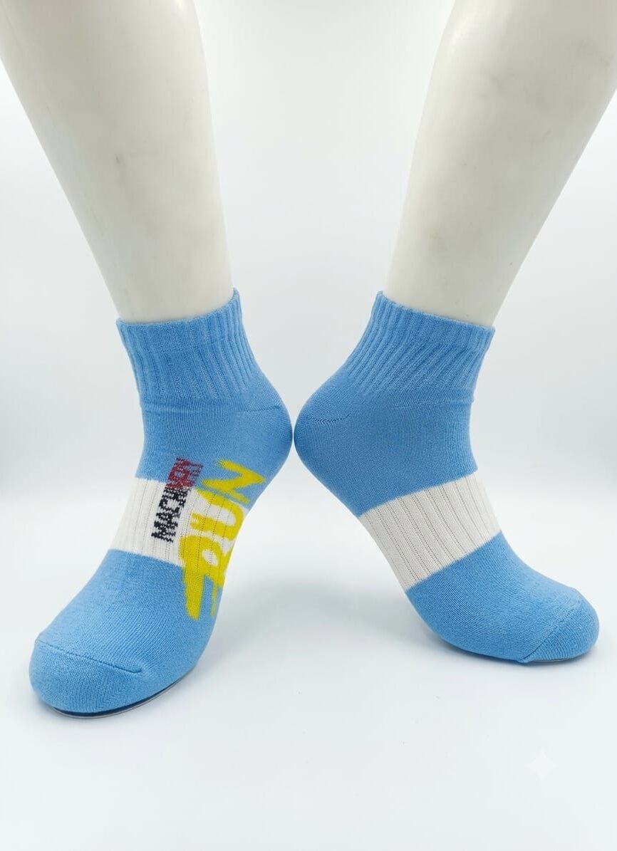 Sky Blue and Yellow RUN Graphic Quarter Sock on Foot