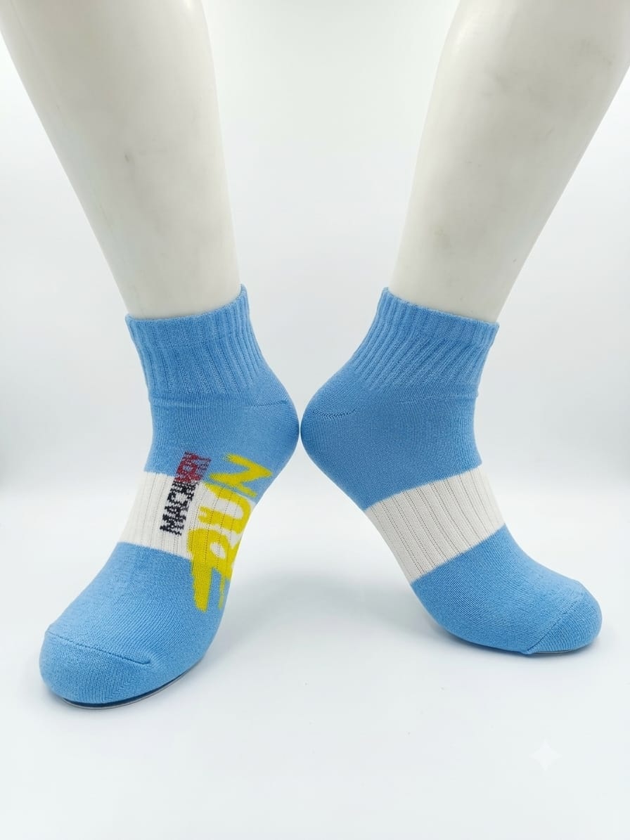 Sky Blue and Yellow RUN Graphic Quarter Sock on Foot