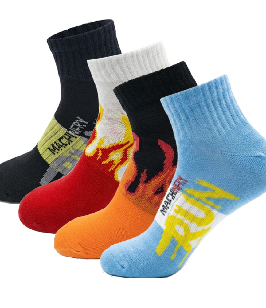 4 Pairs Men's Graphic Athletic Quarter Socks Flame and Machinery Set