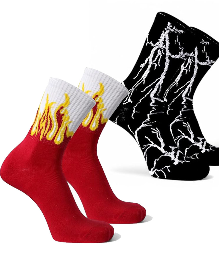 2 Pairs Men's Streetwear Flame Quarter Sock and Lightning Crew Sock Combo