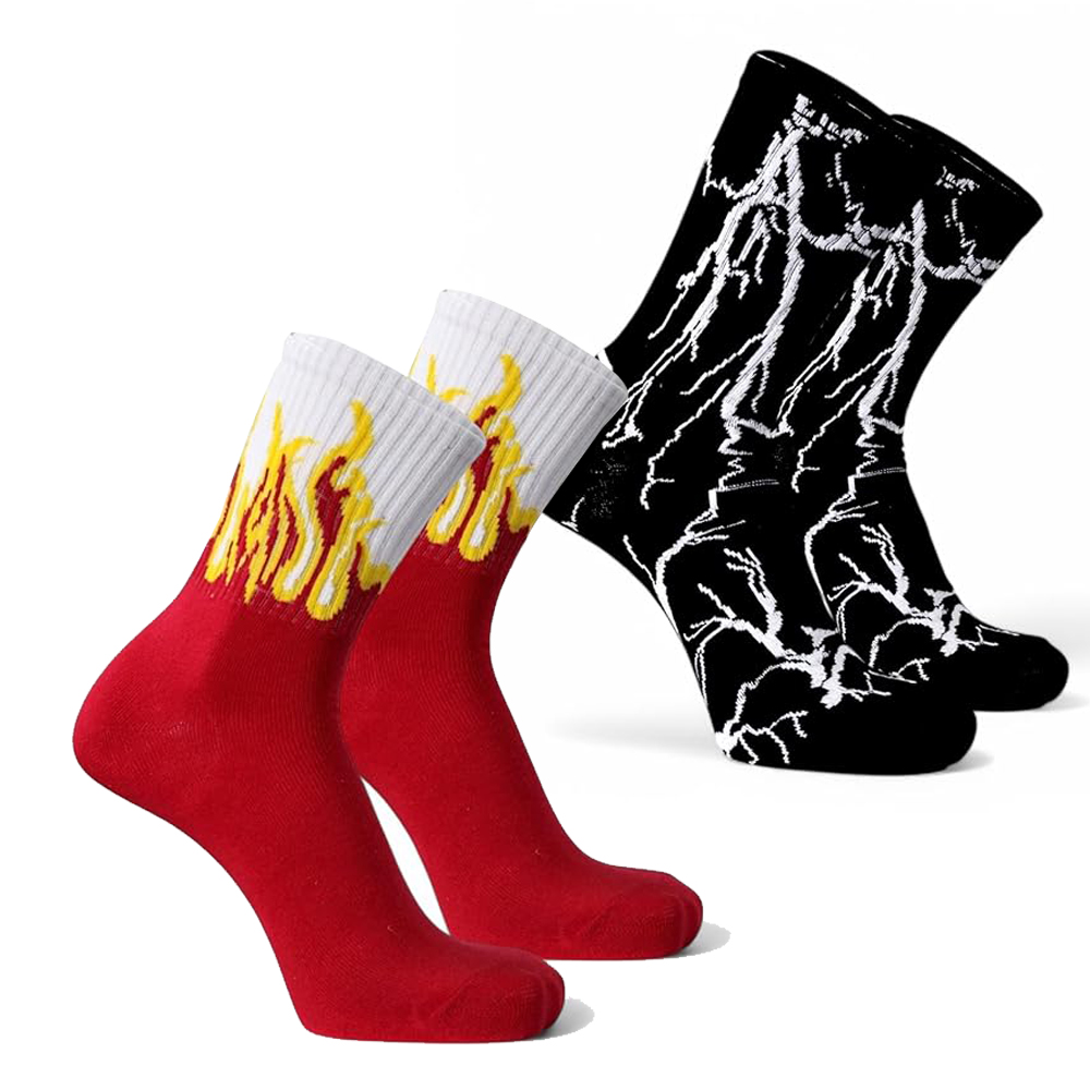 2 Pairs Men's Streetwear Flame Quarter Sock and Lightning Crew Sock Combo