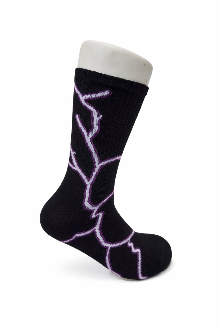 Men’s Streetwear Lightning Graphic Athletic Crew Socks – Electric Purple & Black
